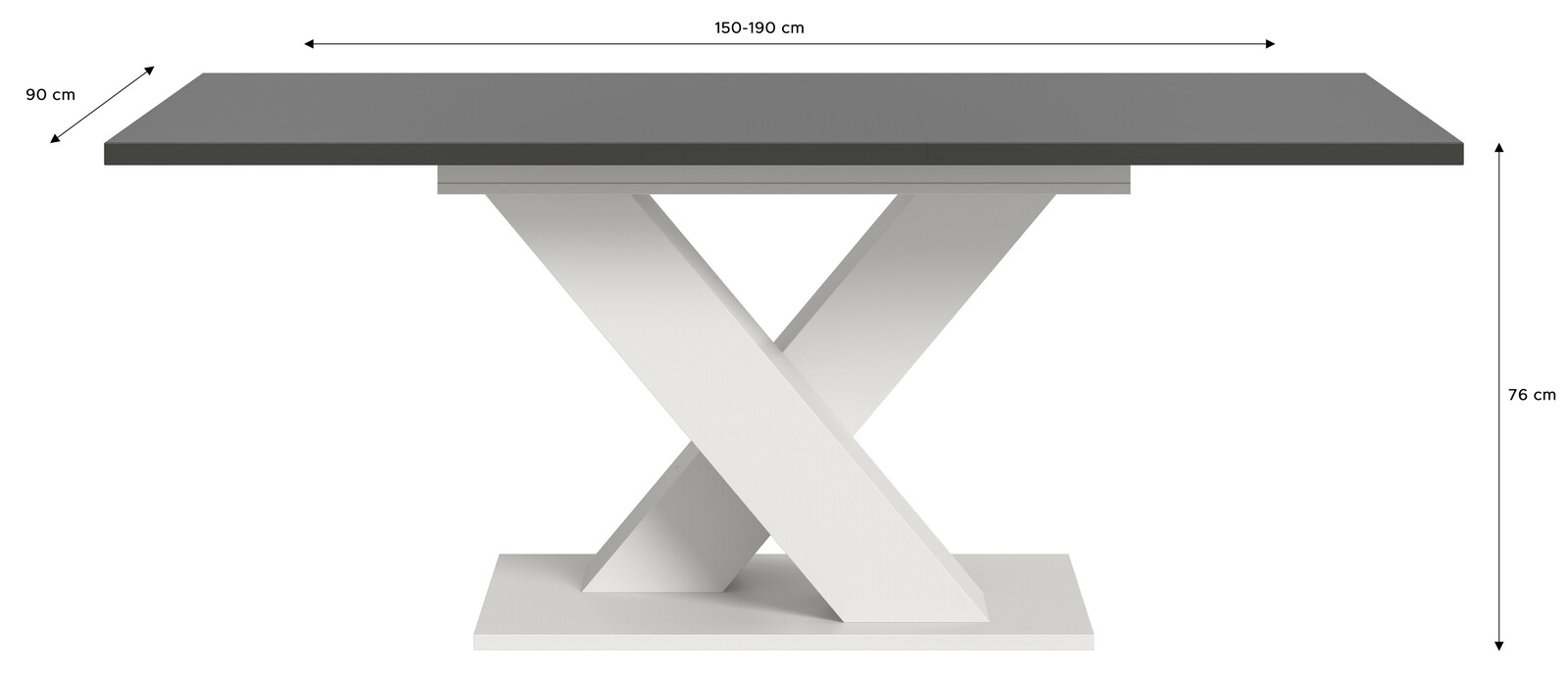 Moderner Esstisch mit X-förmigem Gestell, graue Tischplatte, weiße Basis, seitliche Perspektive