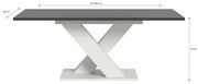 Moderner Esstisch mit X-förmigem Gestell, graue Tischplatte, weiße Basis, seitliche Perspektive