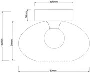Technische Zeichnung einer Deckenleuchte mit ovalem Design, seitliche Perspektive, Maße: 180mm Breite, 130mm Höhe, 100mm Deckenbefestigung.