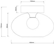 Technische Zeichnung einer Deckenleuchte mit ovalem Design, seitliche Perspektive, Maße: 180mm Breite, 130mm Höhe, 100mm Deckenbefestigung.