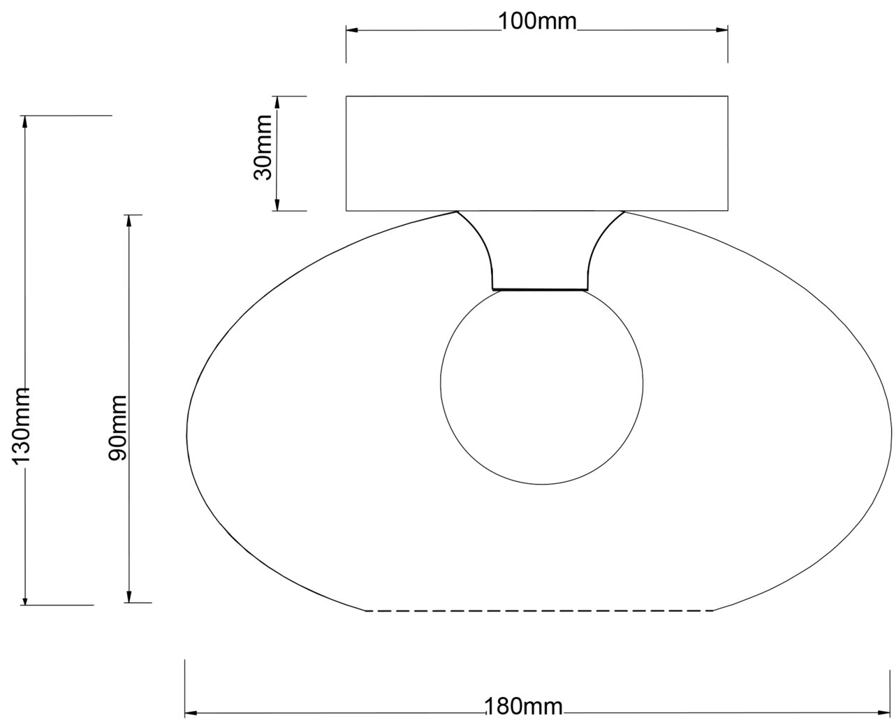 Technische Zeichnung einer Deckenleuchte mit ovalem Design, seitliche Perspektive, Maße: 180mm Breite, 130mm Höhe, 100mm Deckenbefestigung.