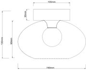 Technische Zeichnung einer Deckenleuchte mit ovalem Design, seitliche Perspektive, Maße: 180mm Breite, 130mm Höhe, 100mm Deckenbefestigung.