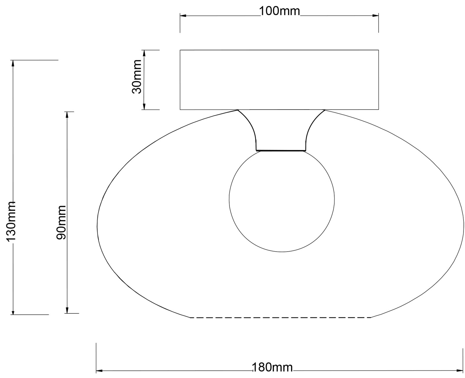 Technische Zeichnung einer Deckenleuchte mit ovalem Design, seitliche Perspektive, Maße: 180mm Breite, 130mm Höhe, 100mm Deckenbefestigung.