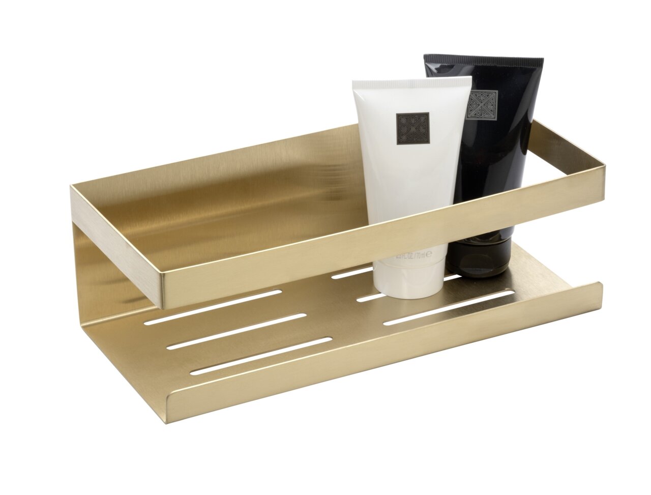 Goldene Wandablage Meleto mit zwei Tuben, seitliche Perspektive