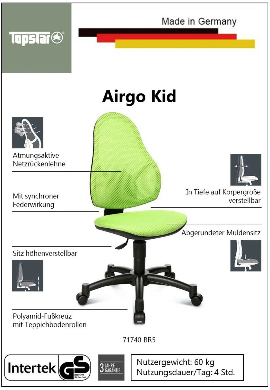 Topstar Drehstuhl AIRGO KID Grüner Drehstuhl Airgo Kid mit atmungsaktiver Netzrückenlehne, höhenverstellbarem Sitz und abgerundetem Muldensitz, seitliche Perspektive.