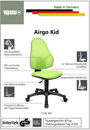 Grüner Drehstuhl Airgo Kid mit atmungsaktiver Netzrückenlehne, höhenverstellbarem Sitz und abgerundetem Muldensitz, seitliche Perspektive.