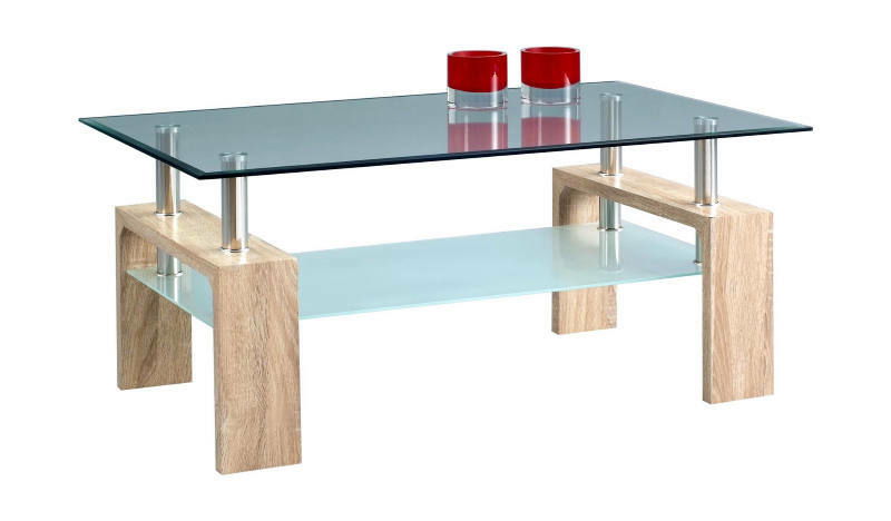 Moderner Couchtisch mit Glasplatte und Holzbeinen, seitliche Perspektive