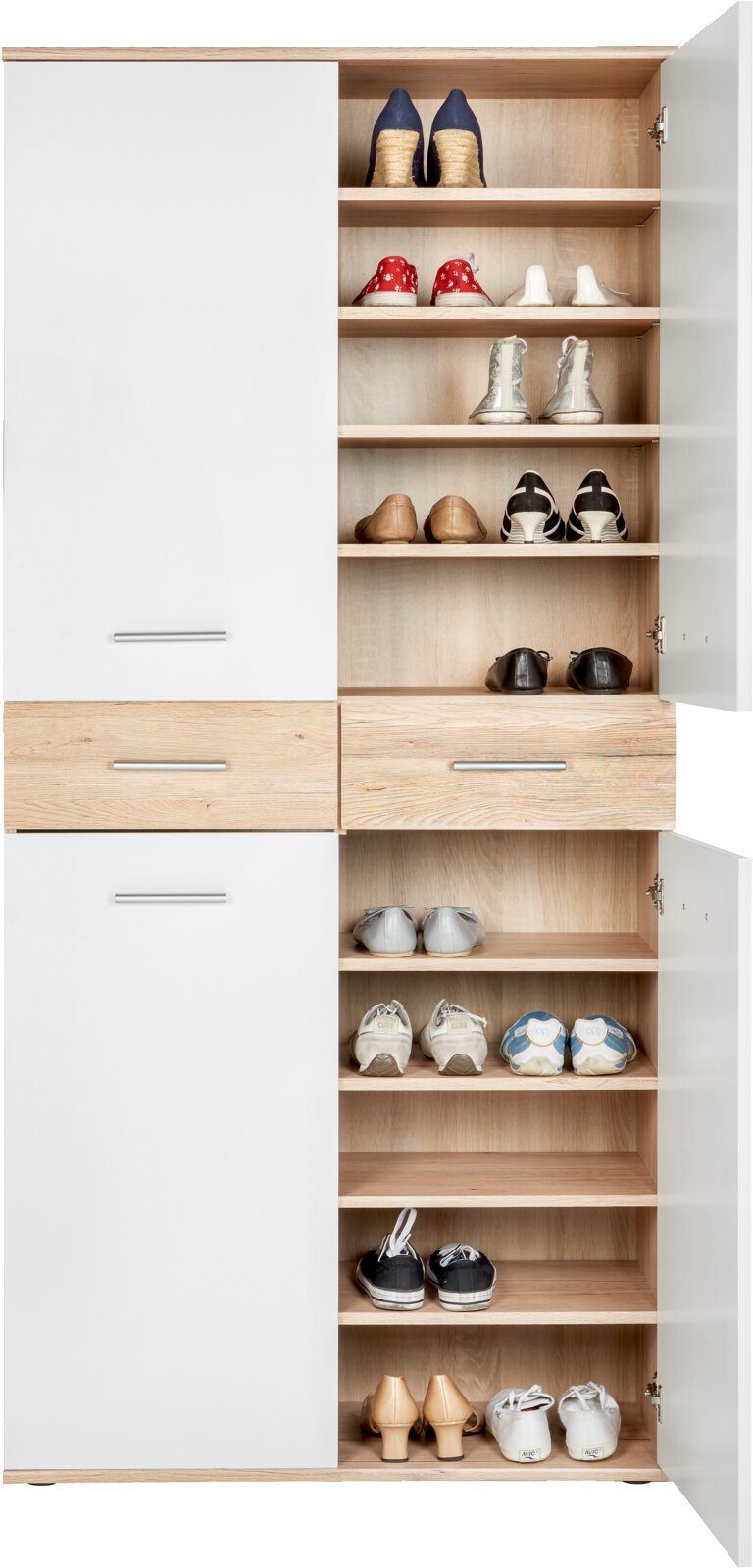 Grote schoenenkast met open deuren, gevuld met verschillende schoenen, gezien vanuit de voorkant.