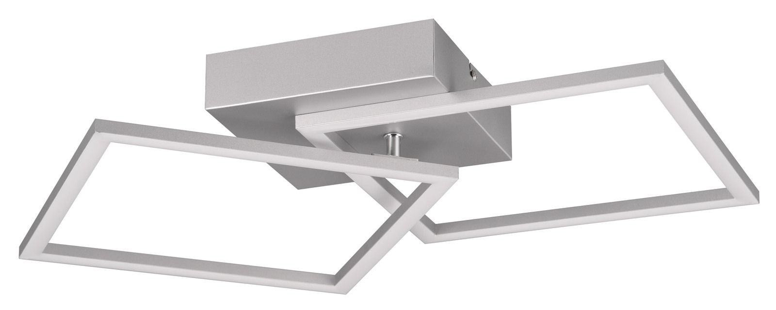 Moderne Deckenleuchte Trail mit zwei quadratischen, überlappenden Rahmen in silberner Farbe, seitliche Perspektive.