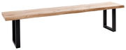 Holzbank mit schwarzem Metallgestell, seitliche Perspektive