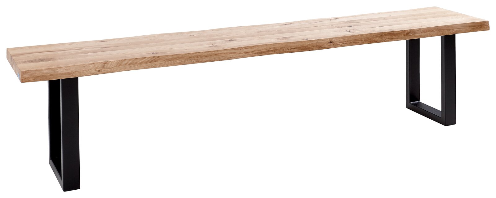 Holzbank mit schwarzem Metallgestell, seitliche Perspektive