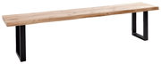 Holzbank mit schwarzem Metallgestell, seitliche Perspektive