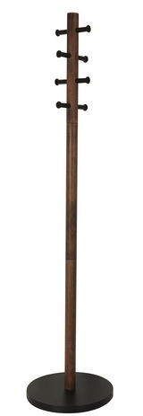 Moderner Garderobenständer aus Holz mit schwarzem Sockel, seitliche Perspektive