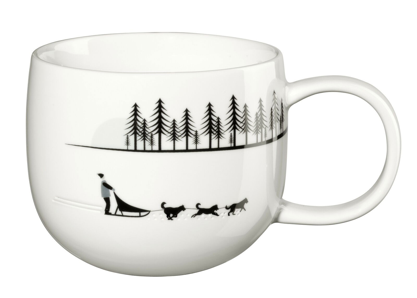 ASA SELECTION Henkelbecher JOY XMAS Weißer Henkelbecher mit schwarzem Motiv von Schlittenhunden und Bäumen, seitliche Perspektive