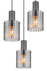 Drei moderne Hängeleuchten TULIVAR mit transparenten, geriffelten Glasschirmen und warmem Licht, aus der Frontalperspektive betrachtet.