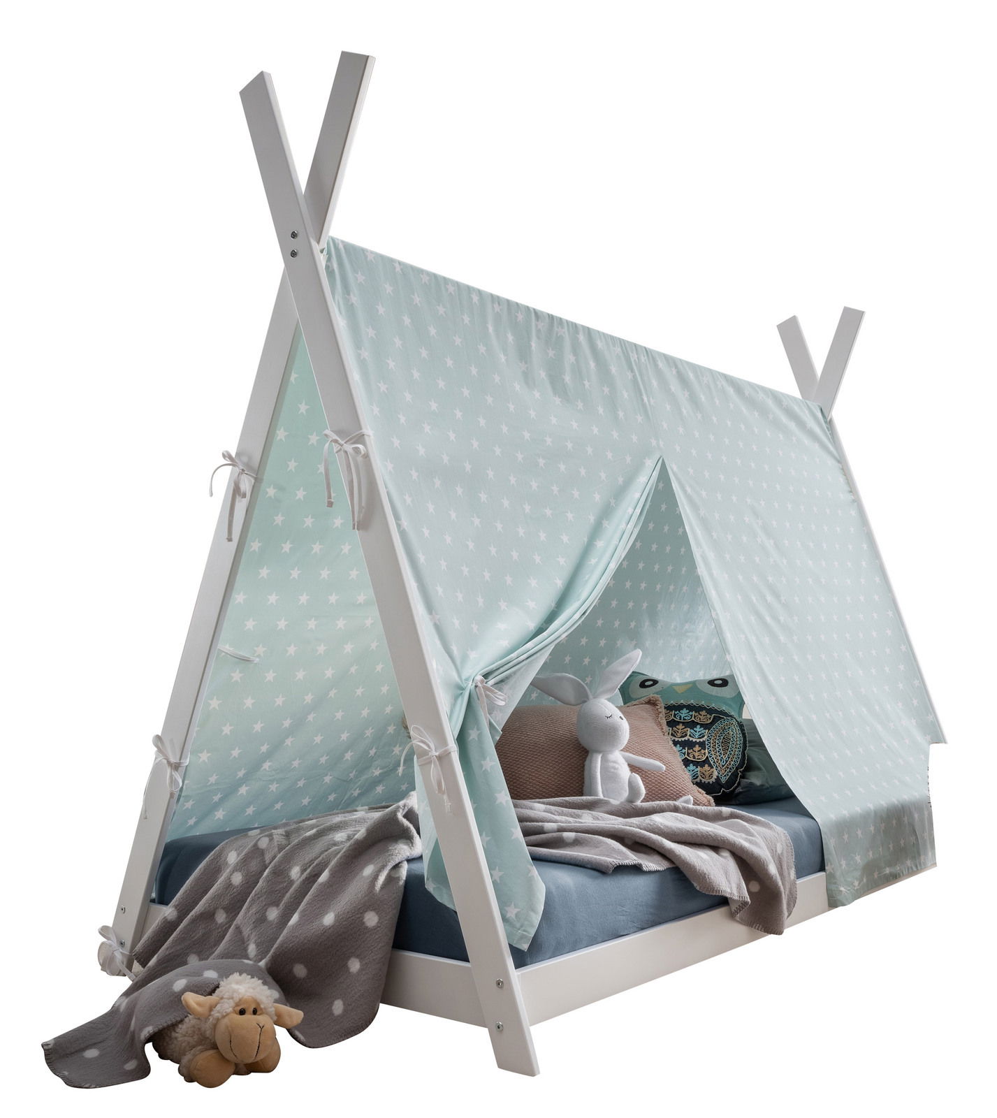 Zurbrüggen Stoffdach PINOCCHIO Kinderbett mit Stoffdach in Zeltform, aus weißem Holzgestell und hellblauem Stoff mit Sternenmuster, seitliche Perspektive