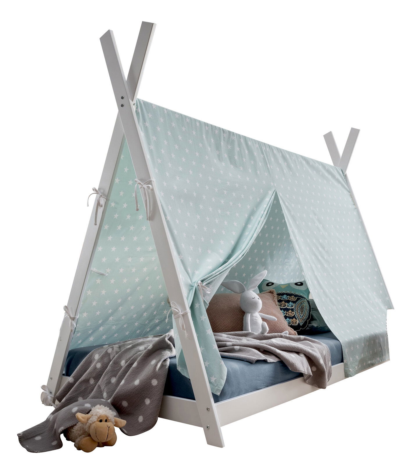 Zurbrüggen Stoffdach PINOCCHIO Kinderbett mit Stoffdach in Zeltform, aus weißem Holzgestell und hellblauem Stoff mit Sternenmuster, seitliche Perspektive