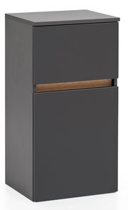 Moderner Unterschrank in dunklem Grau mit Holzdetail, seitliche Perspektive