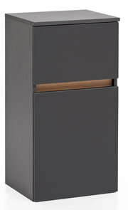 Moderner Unterschrank in dunklem Grau mit Holzdetail, seitliche Perspektive