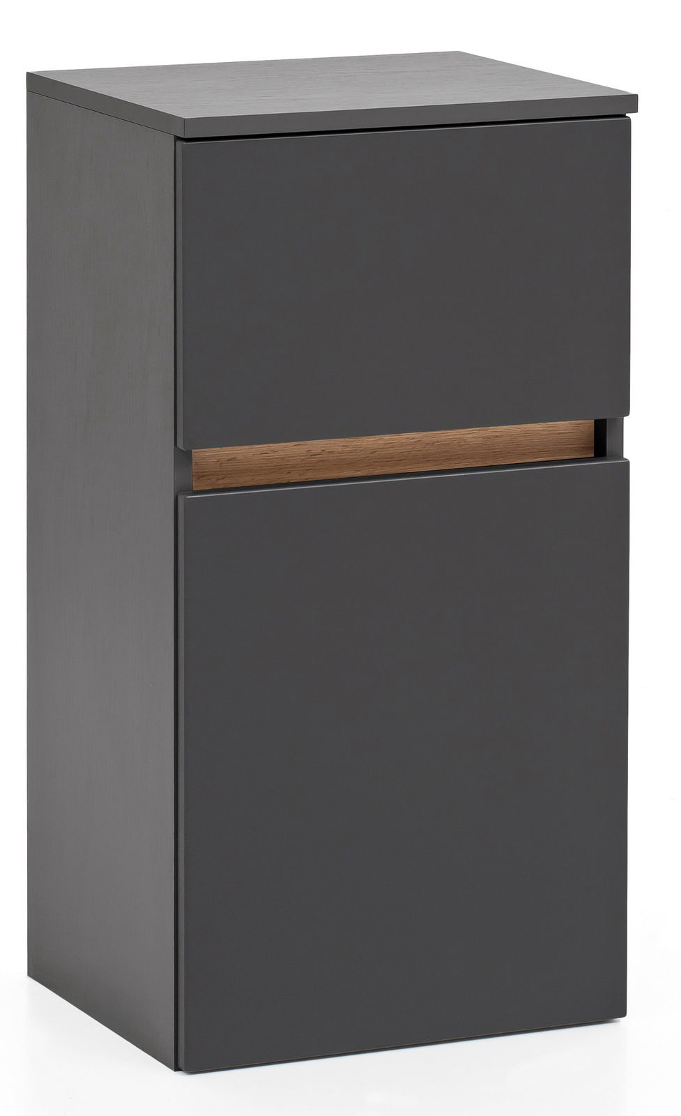 Moderner Unterschrank in dunklem Grau mit Holzdetail, seitliche Perspektive