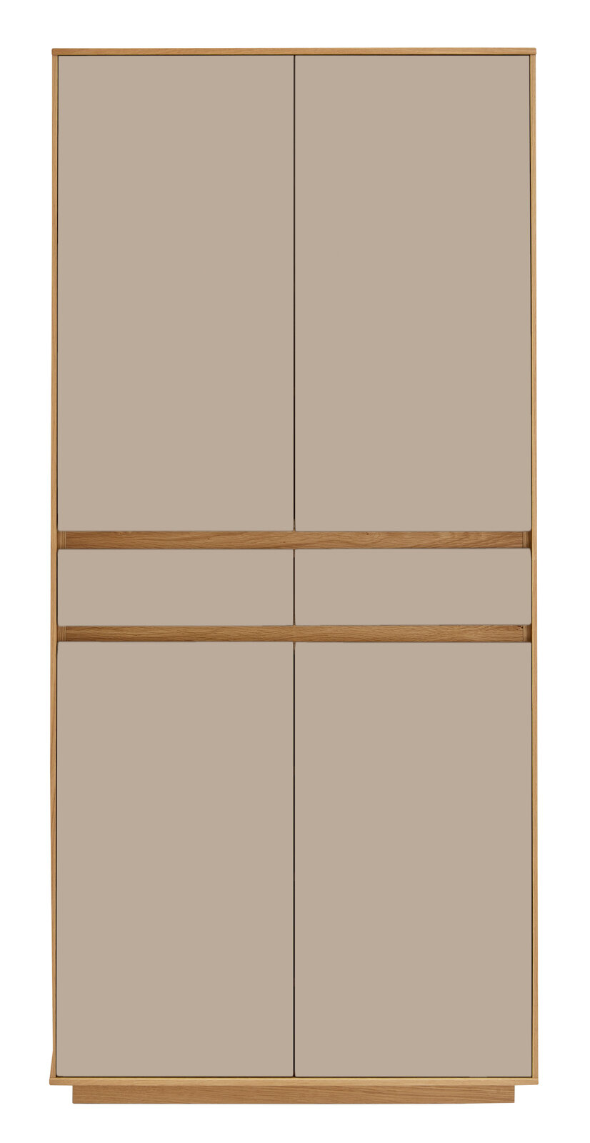 VOSS XL-Mehrzweckschrank V100 Frontansicht eines XL-Mehrzweckschranks mit vier Türen in neutralem Farbton und Holzrahmen.