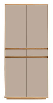 Frontansicht eines XL-Mehrzweckschranks mit vier Türen in neutralem Farbton und Holzrahmen.