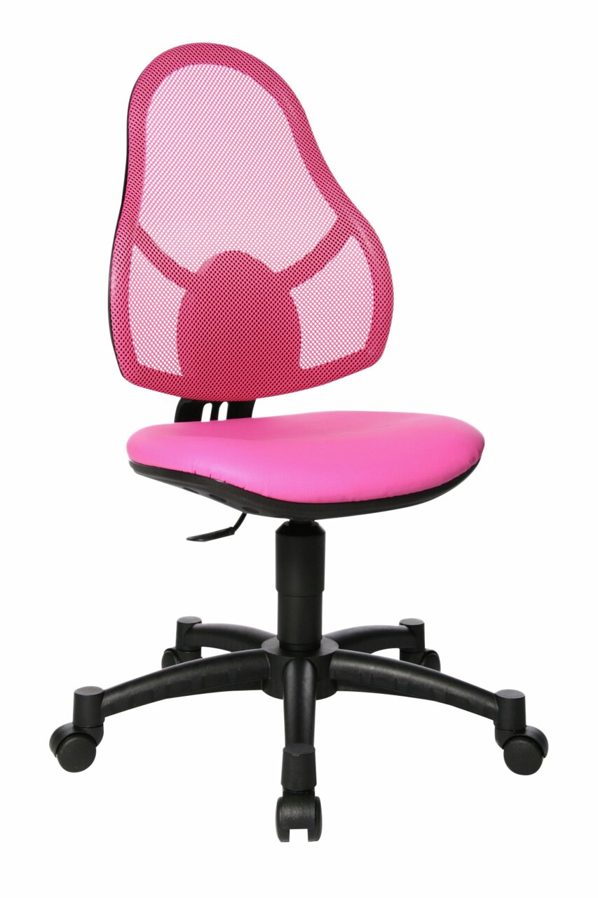 Pinkfarbener Drehstuhl mit Netzrückenlehne, seitliche Perspektive
