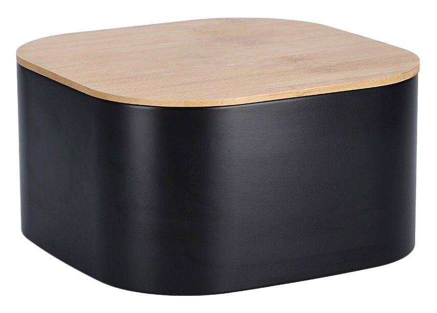 Moderner Brotkasten mit schwarzem Korpus und Holzdeckel, seitliche Perspektive