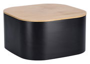 Moderner Brotkasten mit schwarzem Korpus und Holzdeckel, seitliche Perspektive