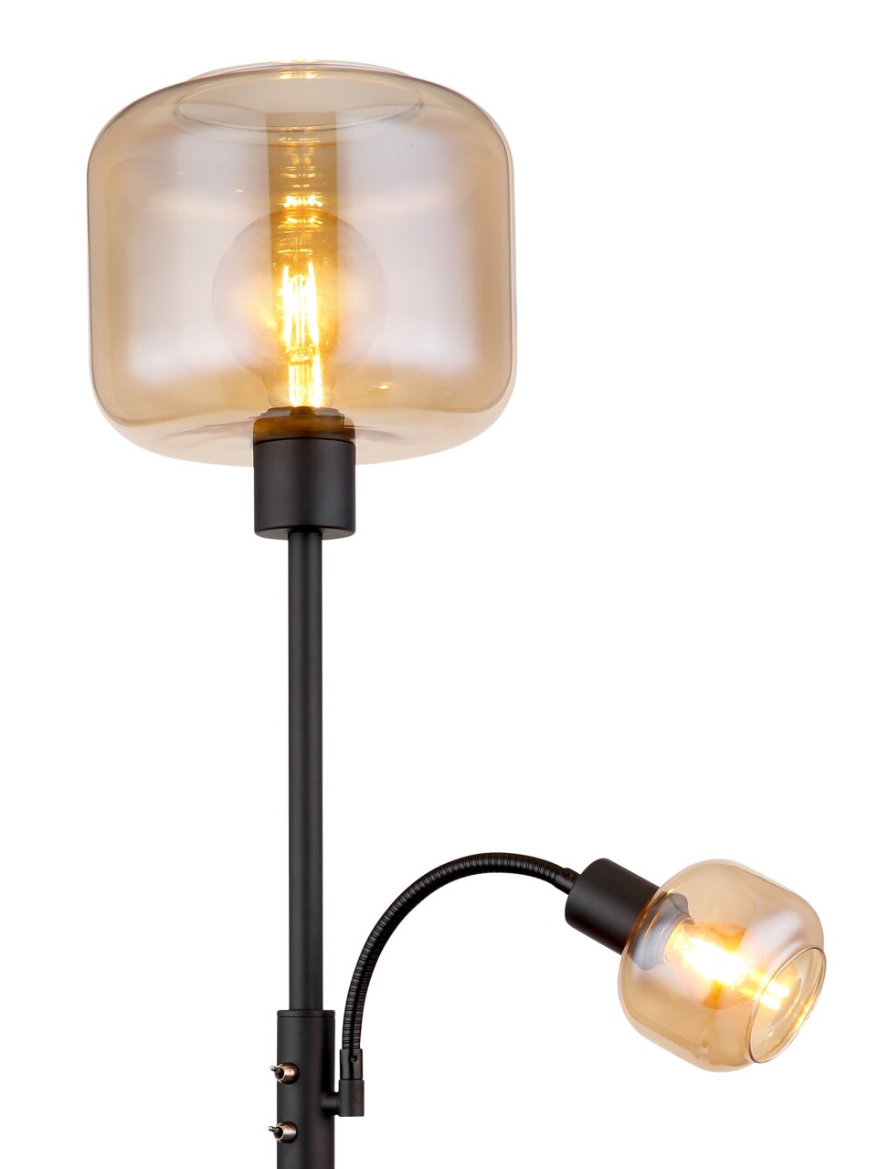Moderne Stehleuchte mit zwei amberfarbenen Glaskuppeln, eine große oben und eine kleinere an einem flexiblen Arm, seitliche Perspektive.