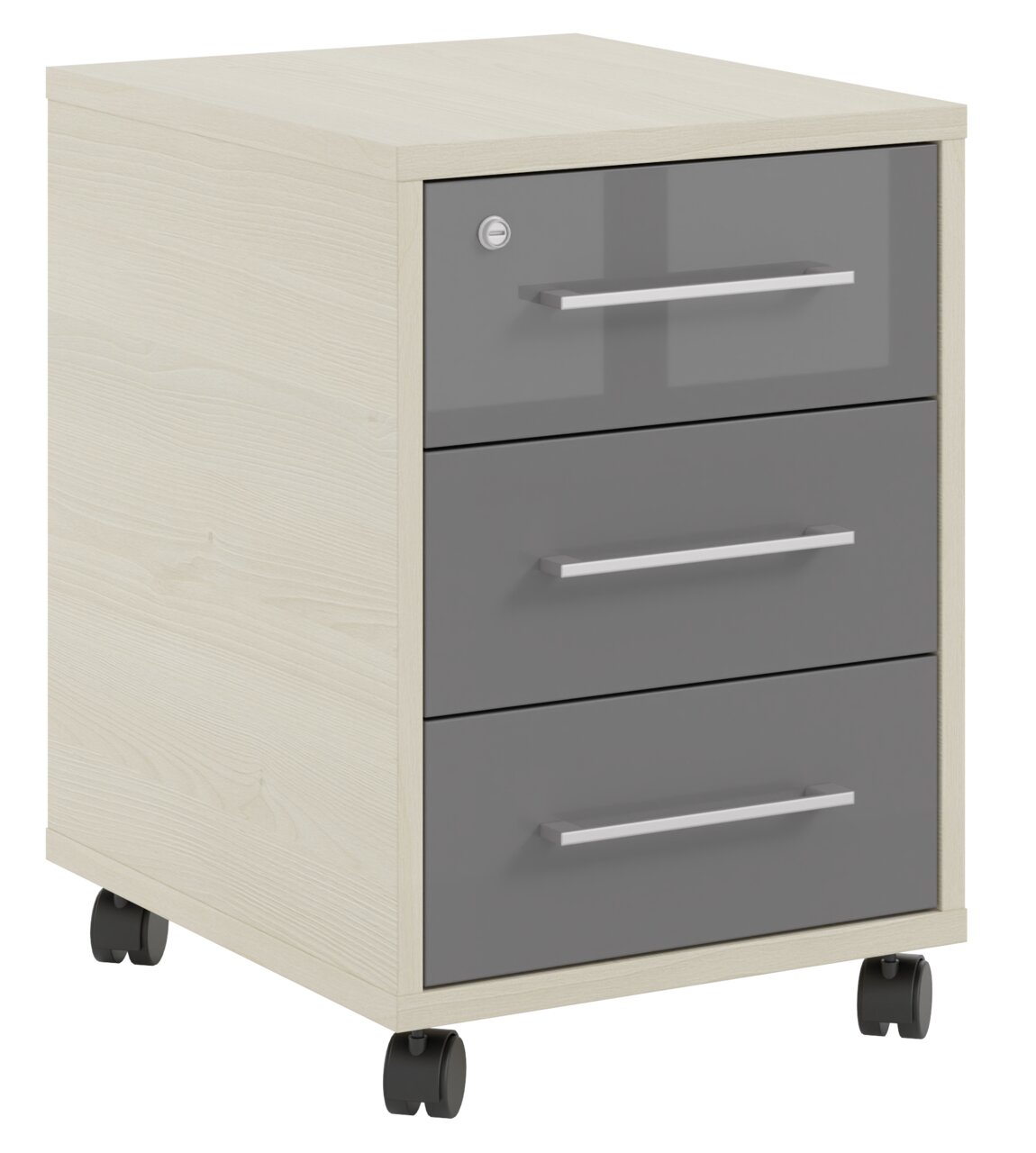 Rollcontainer mit drei Schubladen, graue Fronten und hellem Holz, auf Rollen, Perspektive von vorne links
