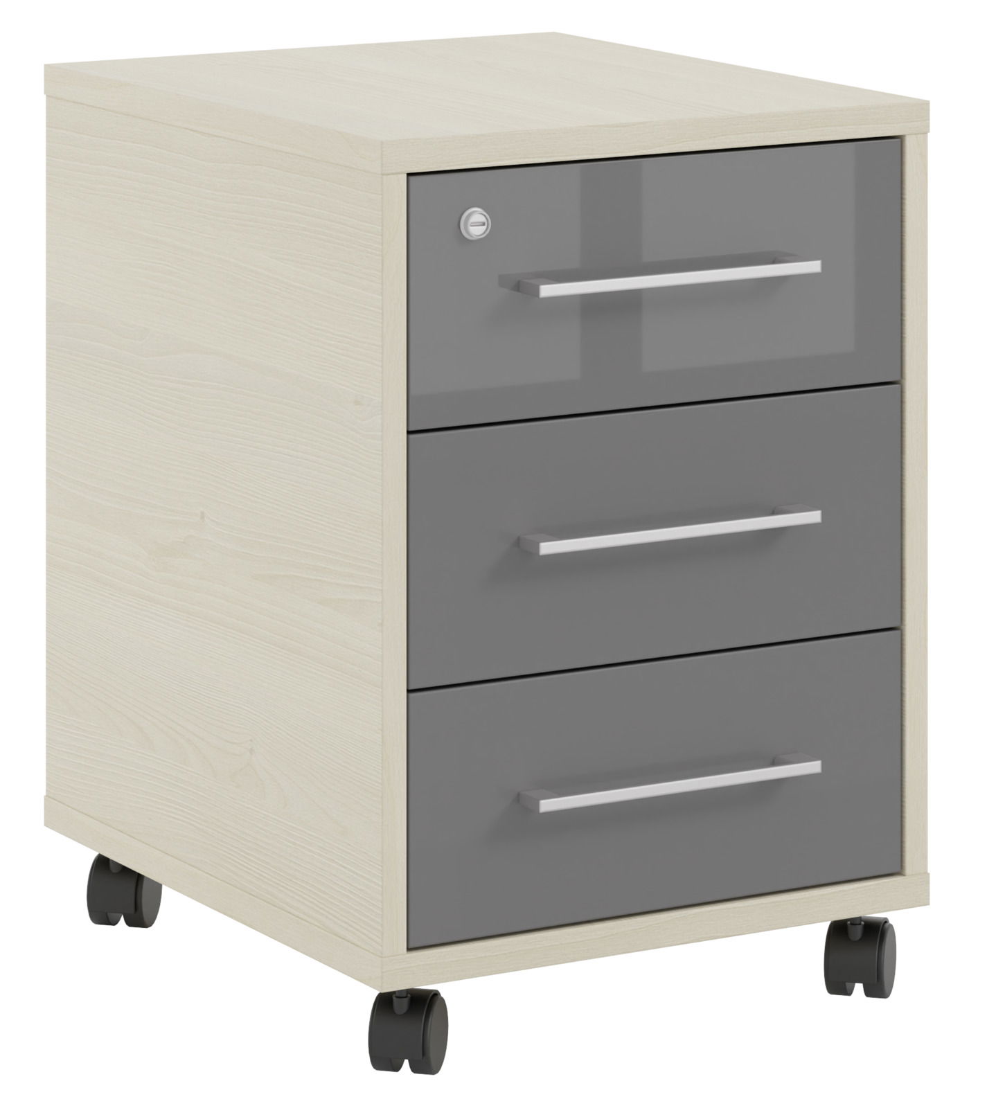 Manjana Rollcontainer OHIO Rollcontainer mit drei Schubladen, graue Fronten und hellem Holz, auf Rollen, Perspektive von vorne links