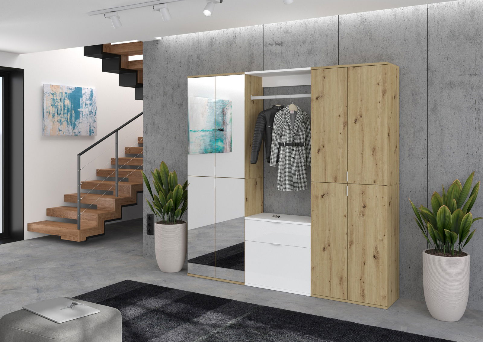 MID.YOU Garderobenkombination PROJEKT X Moderne Garderobenkombination in Holzoptik mit Spiegel, Kleiderstange und Schubladen, seitliche Perspektive