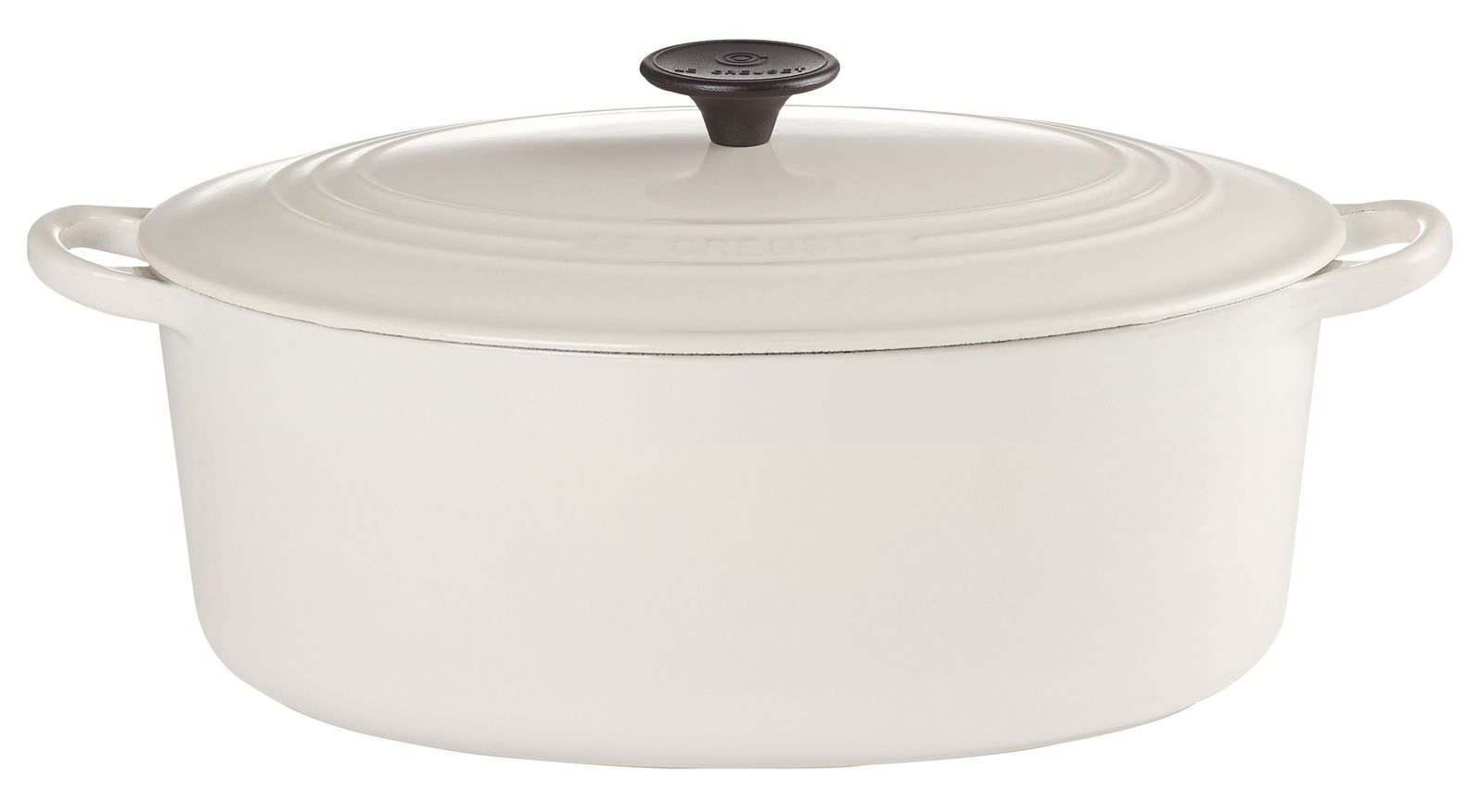 Cremefarbener Bräter mit Deckel und zwei Griffen, seitliche Perspektive