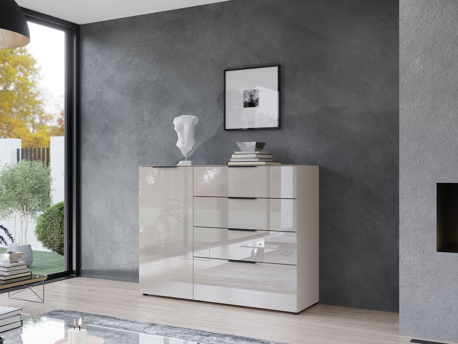 Moderne Schubkastenkommode in einem stilvollen Wohnzimmer, seitliche Perspektive