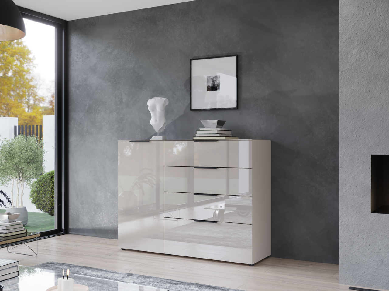 Moderne Schubkastenkommode in einem stilvollen Wohnzimmer, seitliche Perspektive