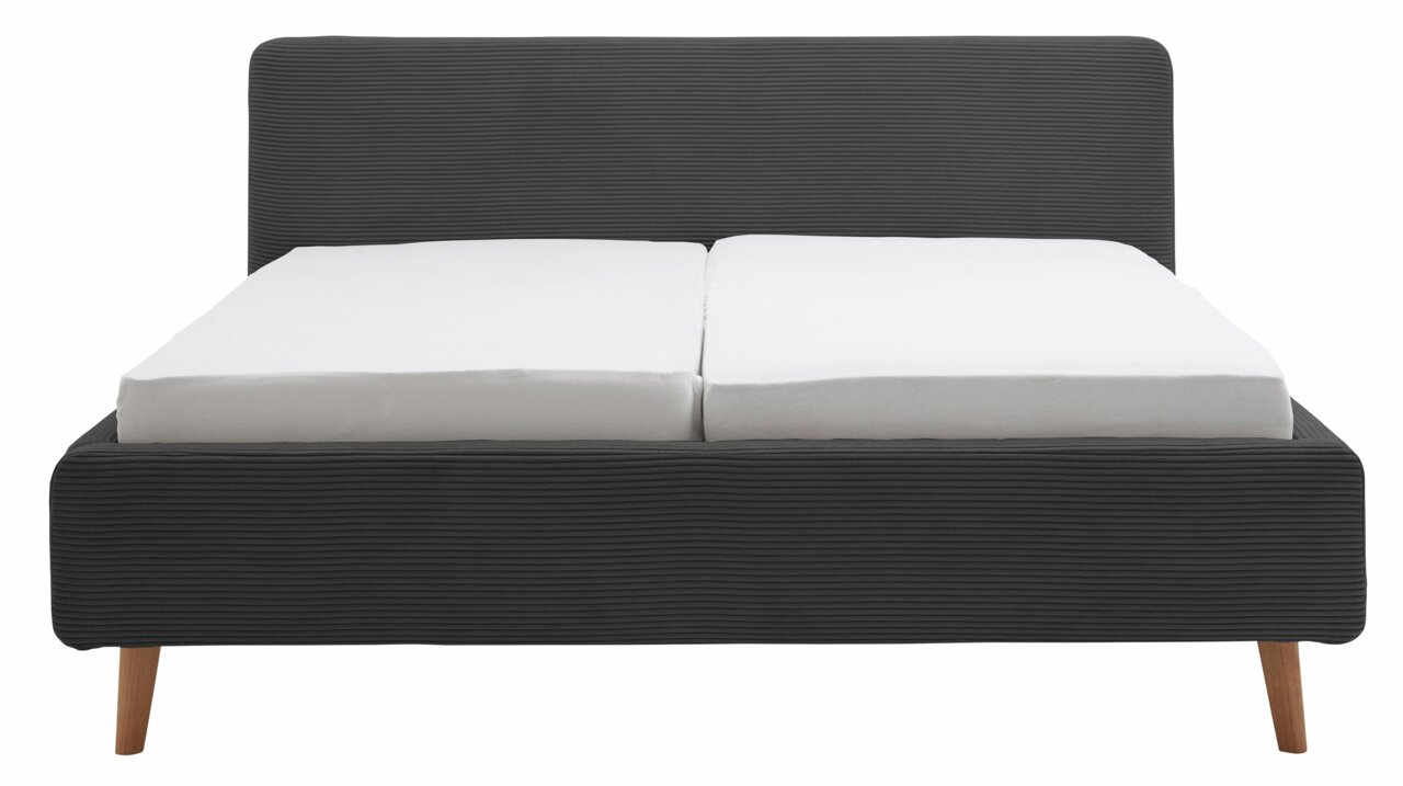 Frontale Ansicht eines Polsterbettgestells mit dunkelgrauem Stoffbezug und Holzfüßen.