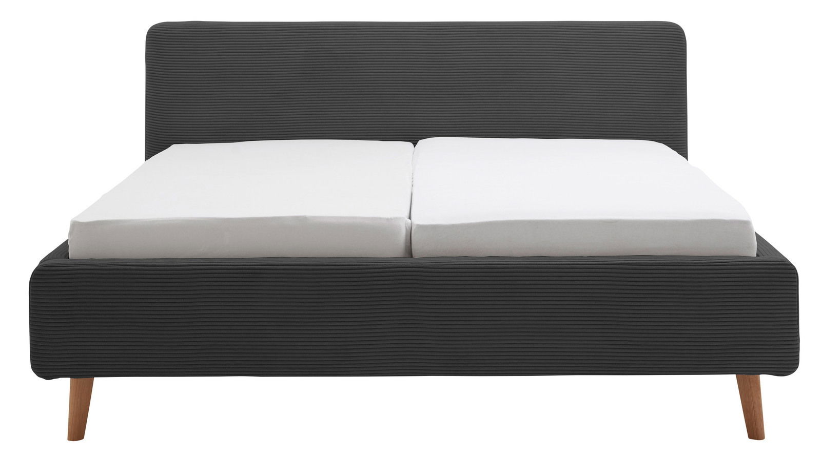 Frontale Ansicht eines Polsterbettgestells mit dunkelgrauem Stoffbezug und Holzfüßen.