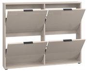 Beiges Schuhregal mit vier nach vorne aufklappbaren Schuhfächern und schwarzen Griffleisten, Frontansicht leicht schräg von oben