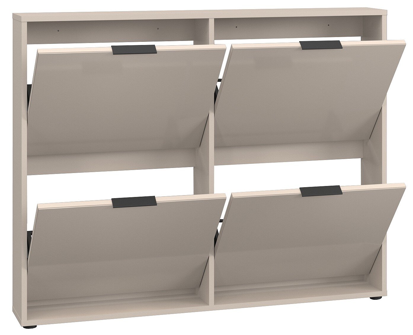 Beiges Schuhregal mit vier nach vorne aufklappbaren Schuhfächern und schwarzen Griffleisten, Frontansicht leicht schräg von oben