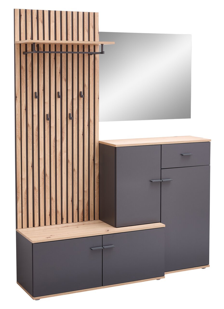 Kompaktgarderobe mit Holz- und Metallelementen, bestehend aus einem hohen Paneel mit Haken, einem Spiegel und mehreren Schränken, seitliche Perspektive