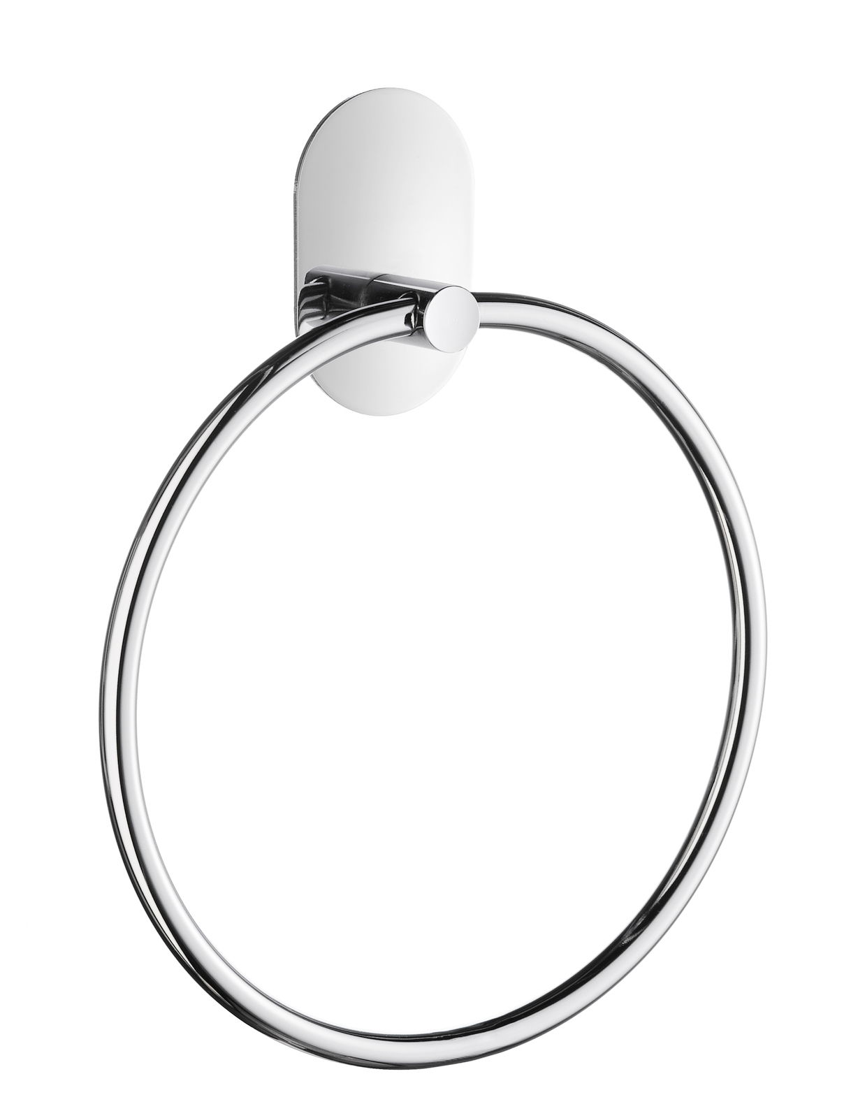 Moderner, verchromter Handtuchring in seitlicher Perspektive.