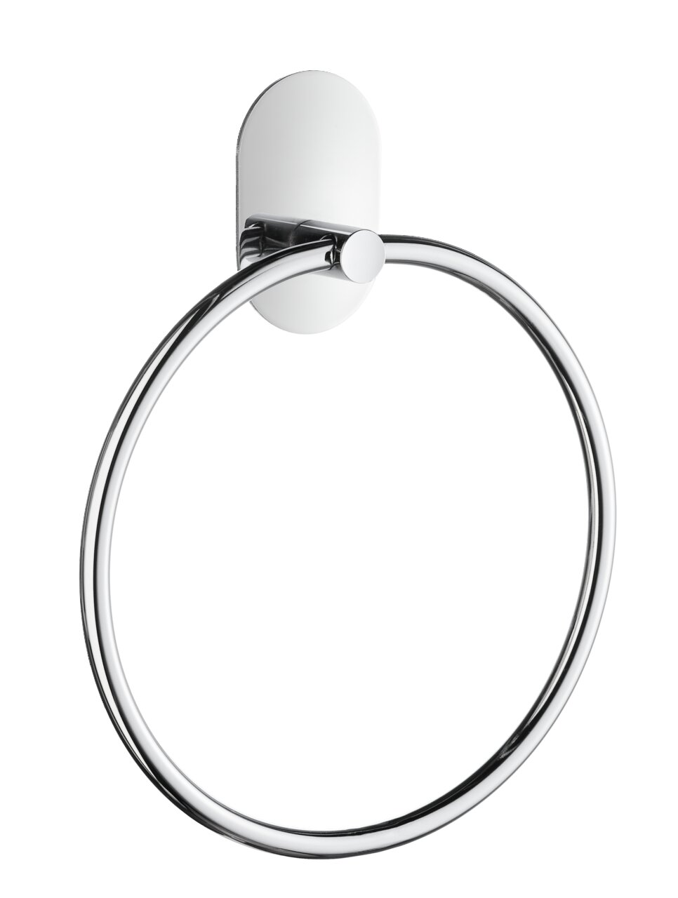 Moderner, verchromter Handtuchring in seitlicher Perspektive.
