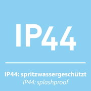 IP44 spritzwassergeschützt, blaue Hintergrundgrafik, Frontalansicht