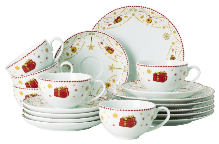 Kombiservice Christmas Love 18 mit festlichem Design, bestehend aus Tassen, Untertassen und Tellern, dekoriert mit weihnachtlichen Motiven wie Geschenken und Sternen. Perspektive: Frontalansicht.