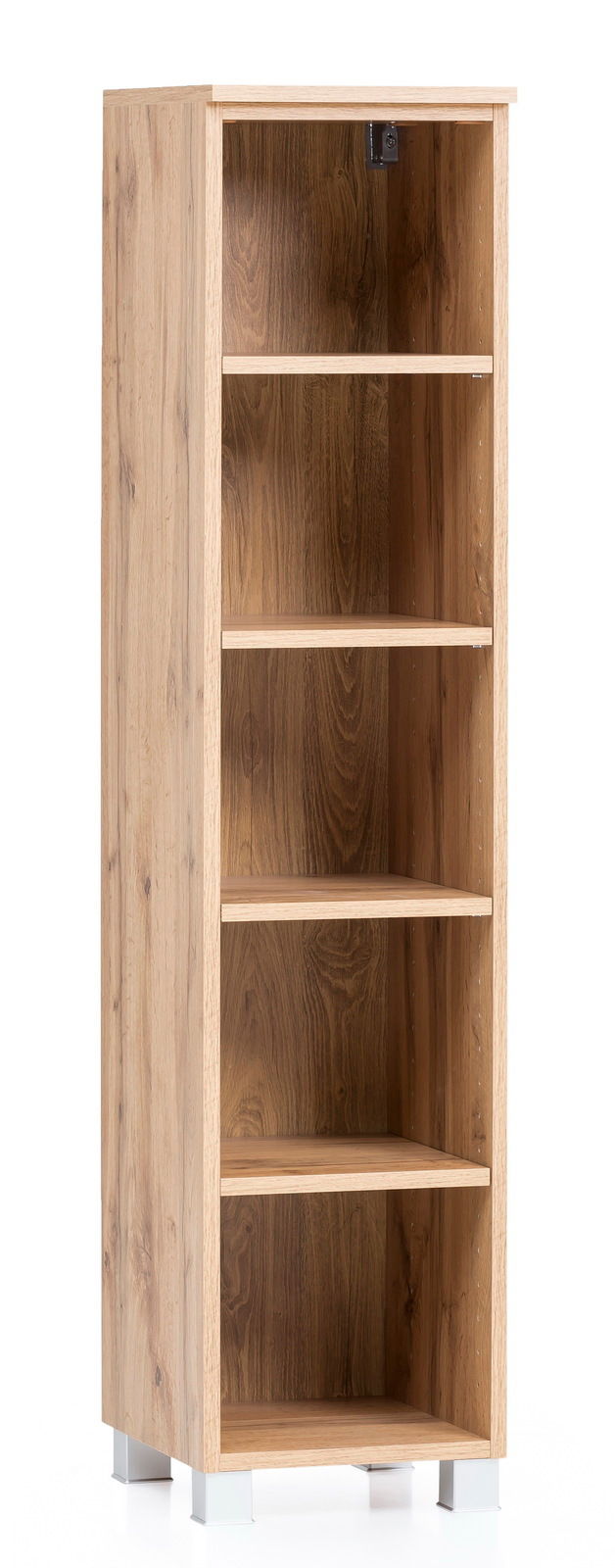 Holzregal mit fünf offenen Fächern, frontale Perspektive