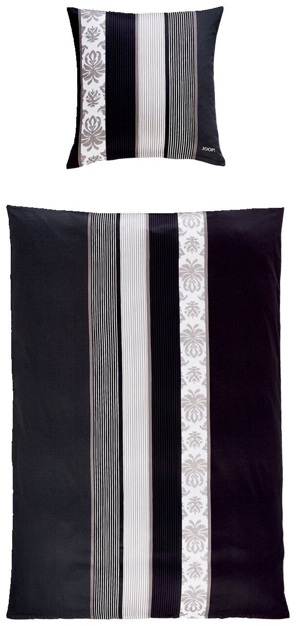 Bettwäsche-Set mit Kissen und Decke in Schwarz-Weiß mit Streifen- und Blumenmuster, von oben betrachtet.