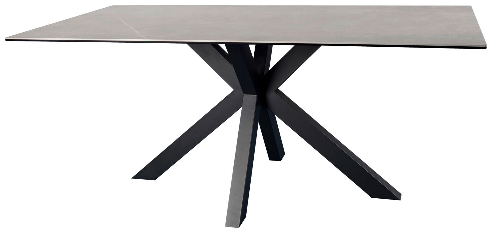 Moderner Esstisch mit rechteckiger Tischplatte und schwarzem, gekreuztem Metallgestell, seitliche Perspektive.