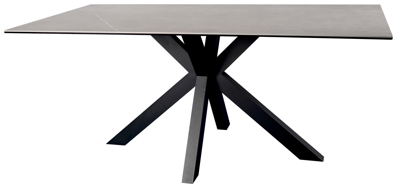 Moderner Esstisch mit rechteckiger Tischplatte und schwarzem, gekreuztem Metallgestell, seitliche Perspektive.