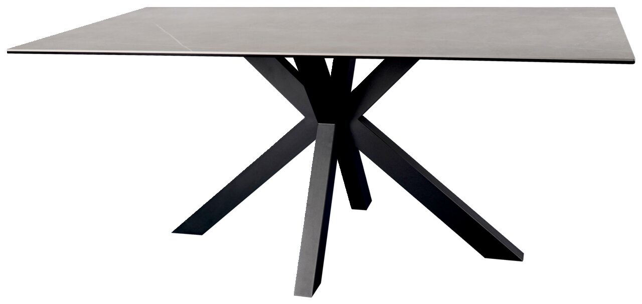 Moderner Esstisch mit rechteckiger Tischplatte und schwarzem, gekreuztem Metallgestell, seitliche Perspektive.